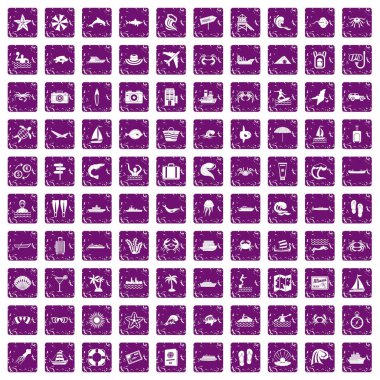 100 deniz yaşamı simgeler grunge mor ayarla