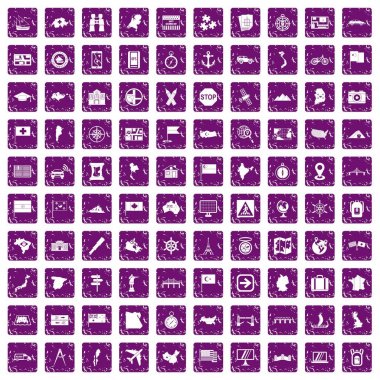 100 haritacılık simgeler grunge mor ayarla