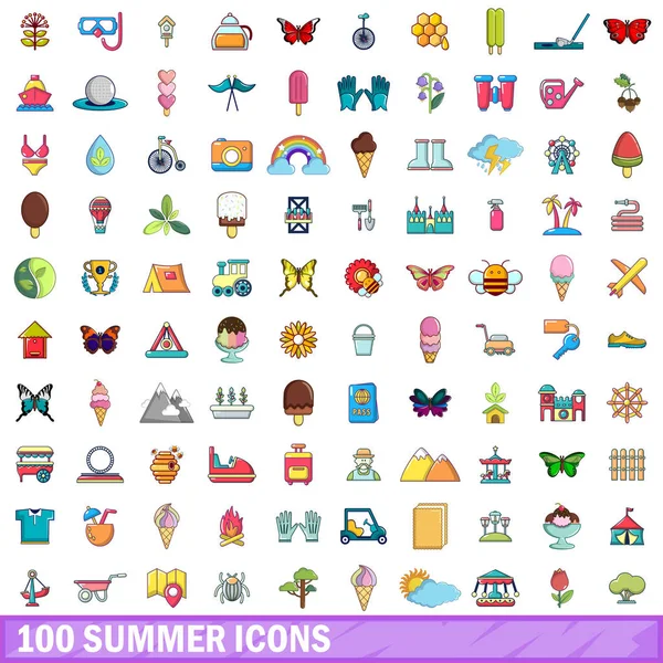 100 set di icone estive, stile cartone animato — Vettoriale Stock