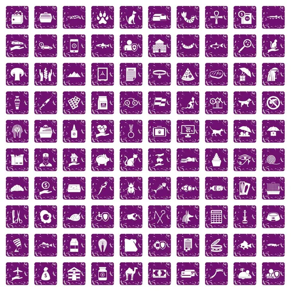 100 cat icons set grunge purple — Stock Vector