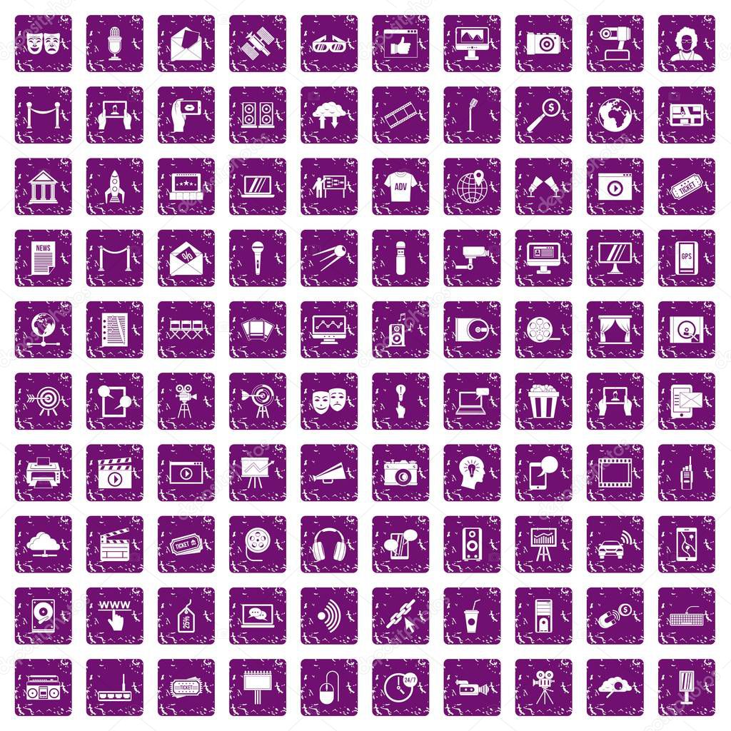 100 multimedia icons set grunge purple