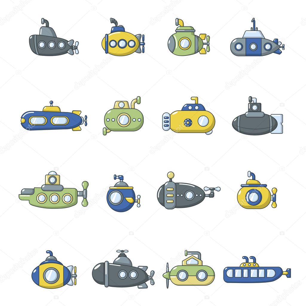 Submarine icons set, cartoon style