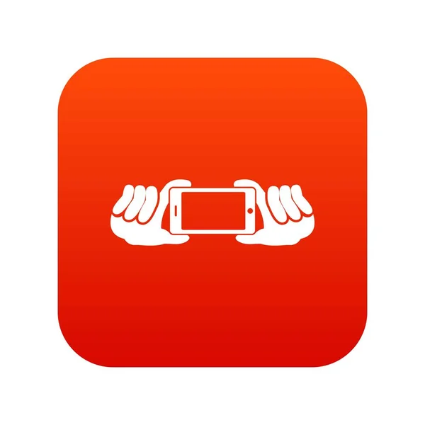 Deux mains tenant téléphone portable icône numérique rouge — Image vectorielle