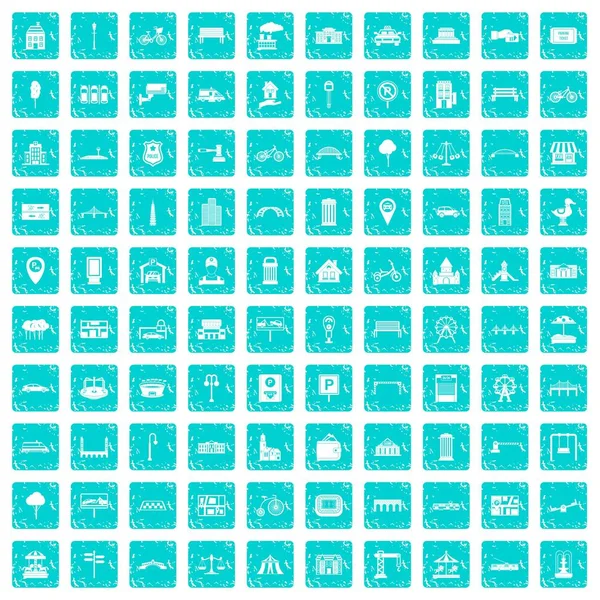 100 ikon miasta zestaw niebieski nieczysty — Wektor stockowy