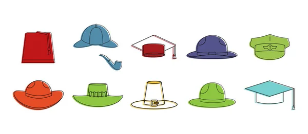 Conjunto de ícones de chapéus, estilo de contorno de cores — Vetor de Stock