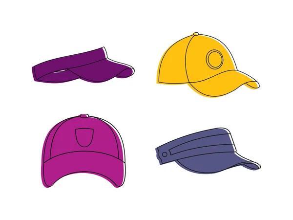 Conjunto de ícones de boné de beisebol, estilo de esboço de cor — Vetor de Stock