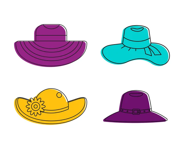 Στυλ διάρθωσης καπέλο γυναίκα εικονίδιο σκηνικά, χρώμα — Διανυσματικό Αρχείο