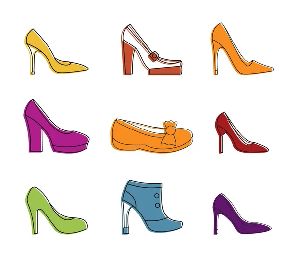 Ensemble d'icônes chaussures femme, style contour couleur — Image vectorielle