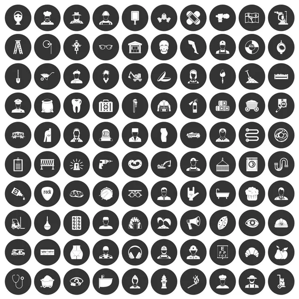 100 différentes professions icônes mis cercle noir — Image vectorielle