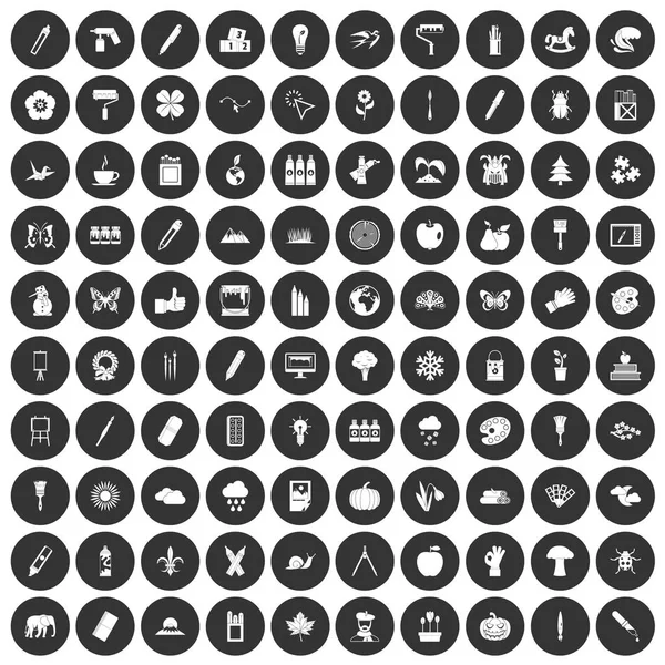 100 icônes éco design mis cercle noir — Image vectorielle
