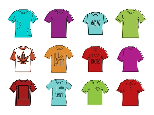 Ensemble d'icônes de t-shirt, style contour couleur — Image vectorielle