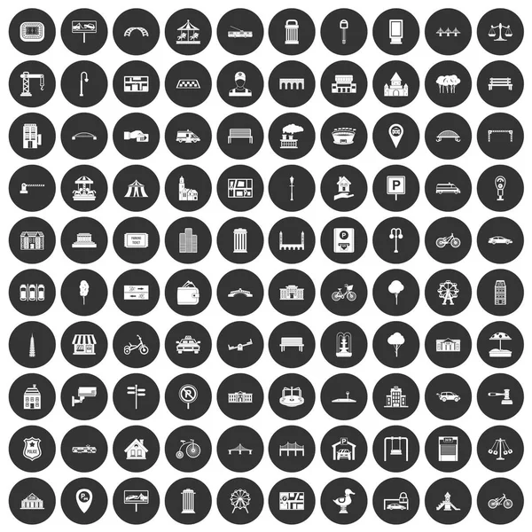 100 stad iconen instellen zwarte cirkel — Stockvector