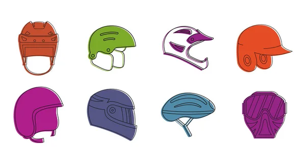 Conjunto de ícones de capacete esporte, estilo de contorno de cor — Vetor de Stock