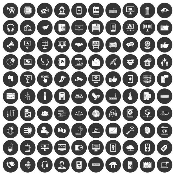 100 iconos de comunicación conjunto círculo negro — Vector de stock