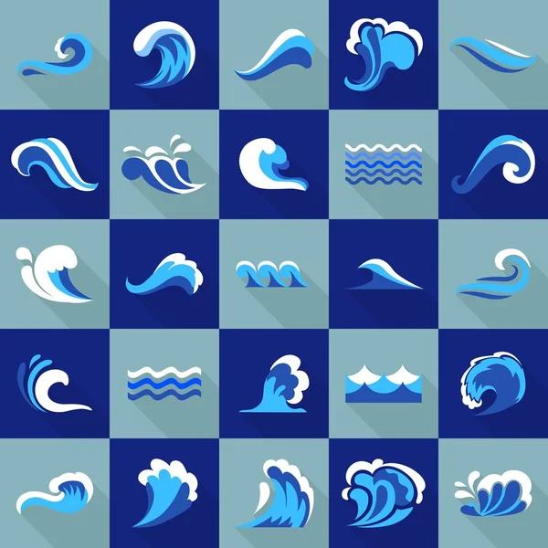 Conjunto de iconos azules ola de agua, estilo plano — Vector de stock