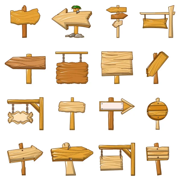 Set di icone in legno per cartelli stradali, stile cartone animato — Vettoriale Stock