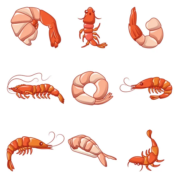 Shrimp prawn cooked icons set, cartoon style — Stock Vector