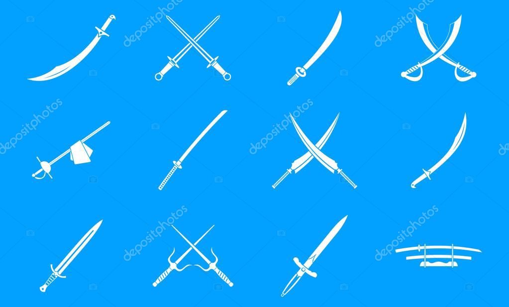Sword icon set. Simple set of sword vector icons for web design isolated on blue background