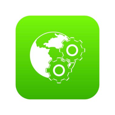 Dünya gezegeni ve dişli simgesini dijital yeşil