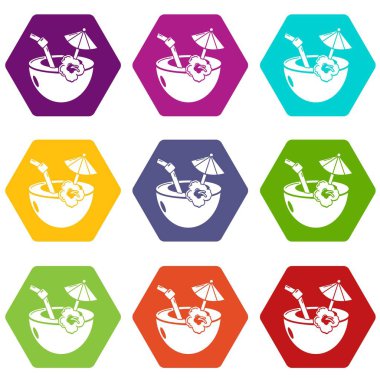 9 vektör Hindistan cevizi kokteyl Icons set