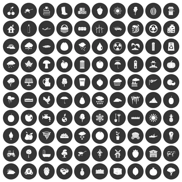 100 icônes de fruits mis cercle noir — Image vectorielle