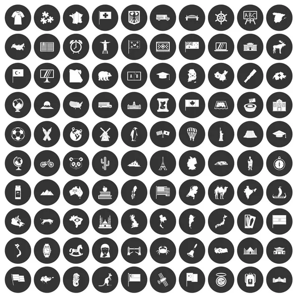 100 geography icons set black circle — Stock Vector