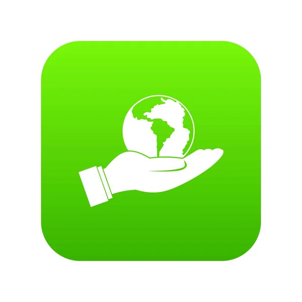 World planet in man hand icon digital green — Stock Vector