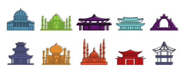 Conjunto de ícones do templo, estilo de contorno de cores —  Vetores de Stock