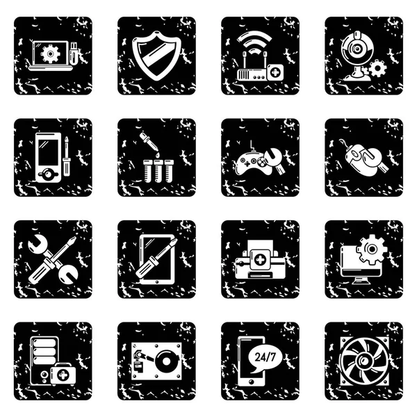 Computer repair service icons set grunge vector — Stock Vector