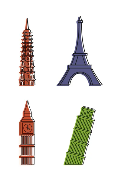 Conjunto de ícones de torre histórica, estilo de contorno de cores — Vetor de Stock