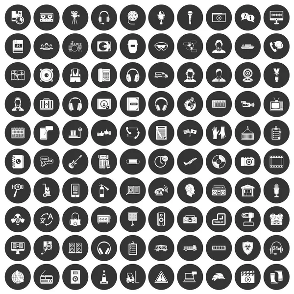 100 Kopfhörer-Symbole setzen schwarzen Kreis — Stockvektor