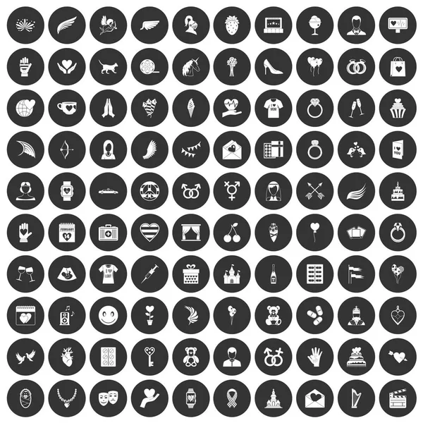 Siyah Daire 100 kalp Icons set — Stok Vektör