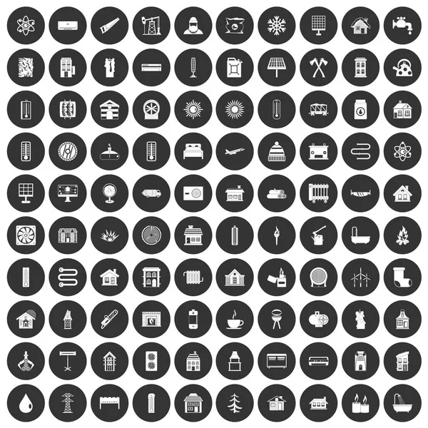 100 heating icons set black circle — Stock Vector
