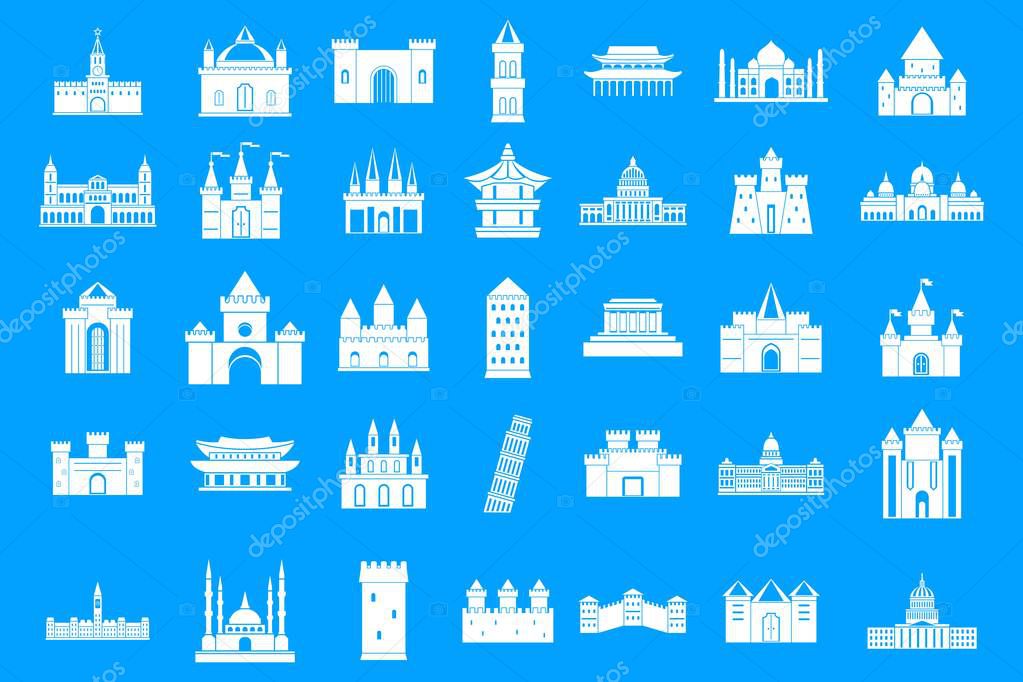 Castle icon set. Simple set of castle vector icons for web design isolated on blue background