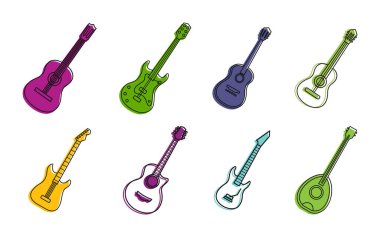 Guitar icon set, color outline style clipart