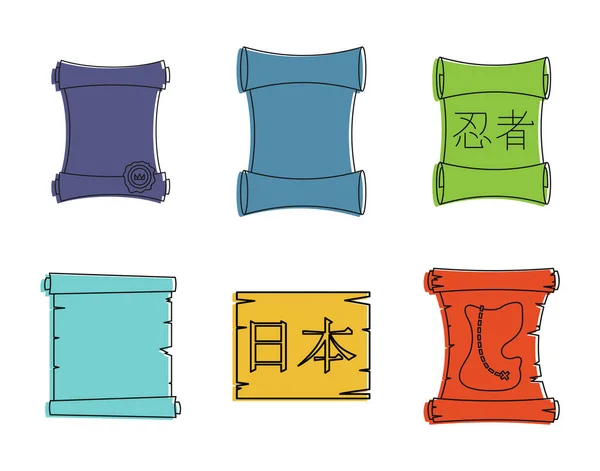 Set di icone papiro, stile contorno colore — Vettoriale Stock