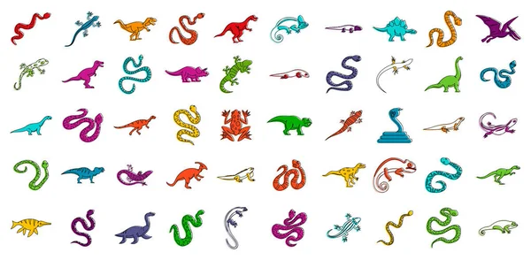 Набор значков рептилий, стиль контура цвета — стоковый вектор