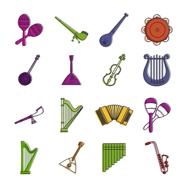 Instrument muzyczny ikonę zestaw, kolor konspektu stylu — Wektor stockowy
