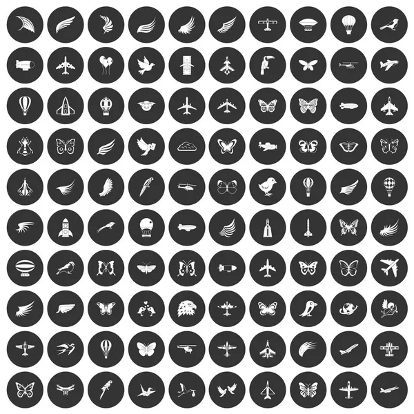 100 Fliegensymbole setzen schwarzen Kreis — Stockvektor
