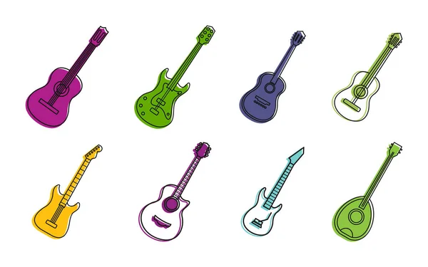 Gitarrensymbole gesetzt, farbiger Umrissstil — Stockvektor