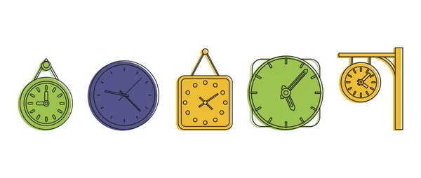 Wall clock icon set, color outline style — Stock Vector