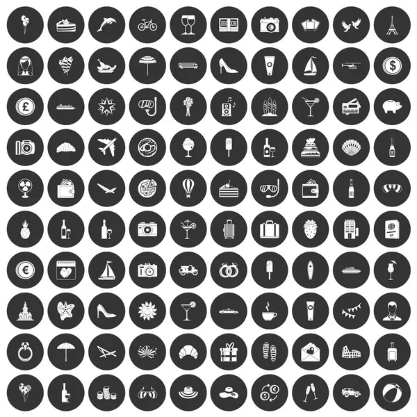 100 icônes lune de miel ensemble cercle noir — Image vectorielle