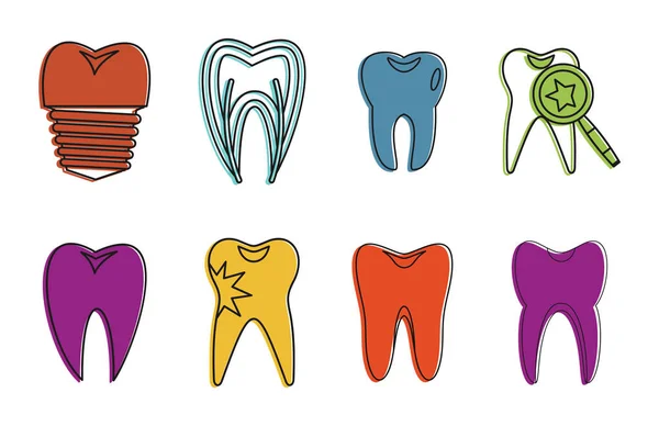 Conjunto de iconos de dientes, estilo de contorno de color — Vector de stock