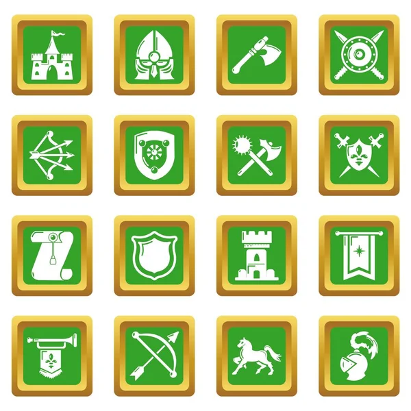 Středověký rytíř ikony nastavit Zelený čtvereček vektor — Stockový vektor