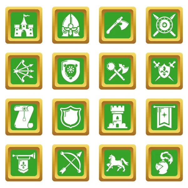 Caballero iconos medievales conjunto verde cuadrado vector — Archivo Imágenes Vectoriales