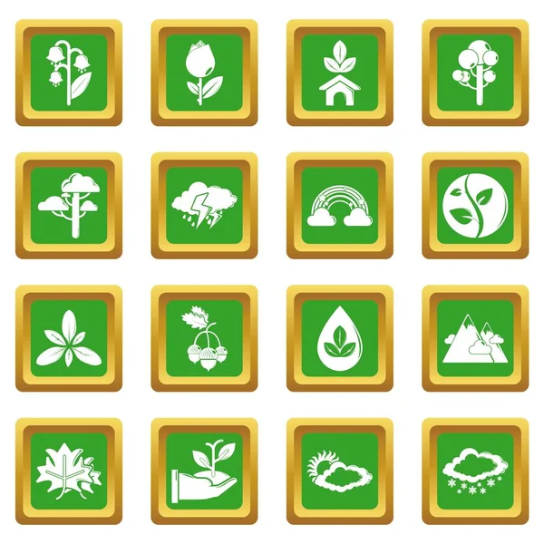Ícones de natureza conjunto verde vetor quadrado — Vetor de Stock