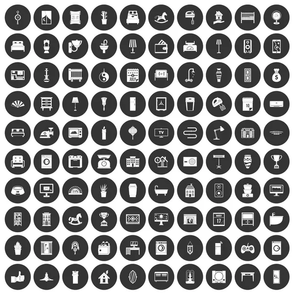 100 interieur iconen instellen zwarte cirkel — Stockvector