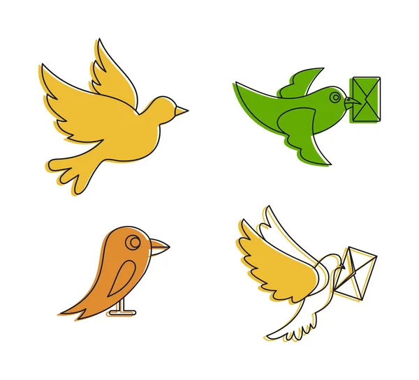 Postal bird icon set, color outline style — Stock Vector