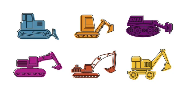 Set di icone dell'escavatore, stile contorno colore — Vettoriale Stock