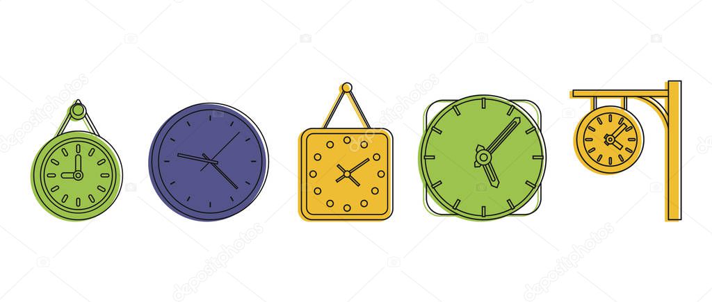 Wall clock icon set, color outline style